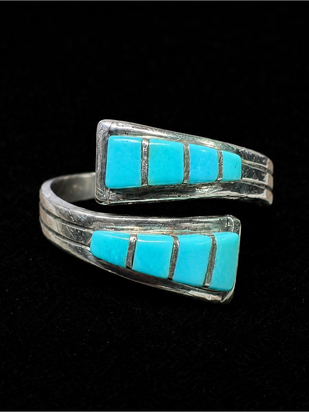 Vintage Signed Sterling Silver Turquoise Inlay Adjustable Bypass Ring